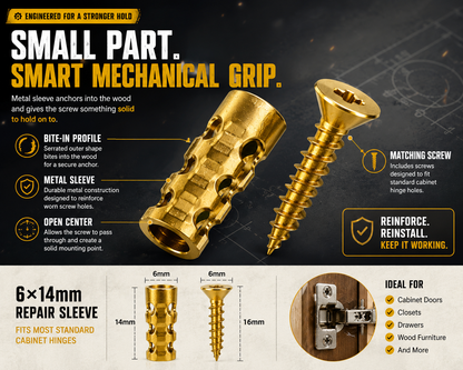 🔩 Stripped Screw Hole Repair Anchors  Restore loose cabinet hinges without moving or replacing them.