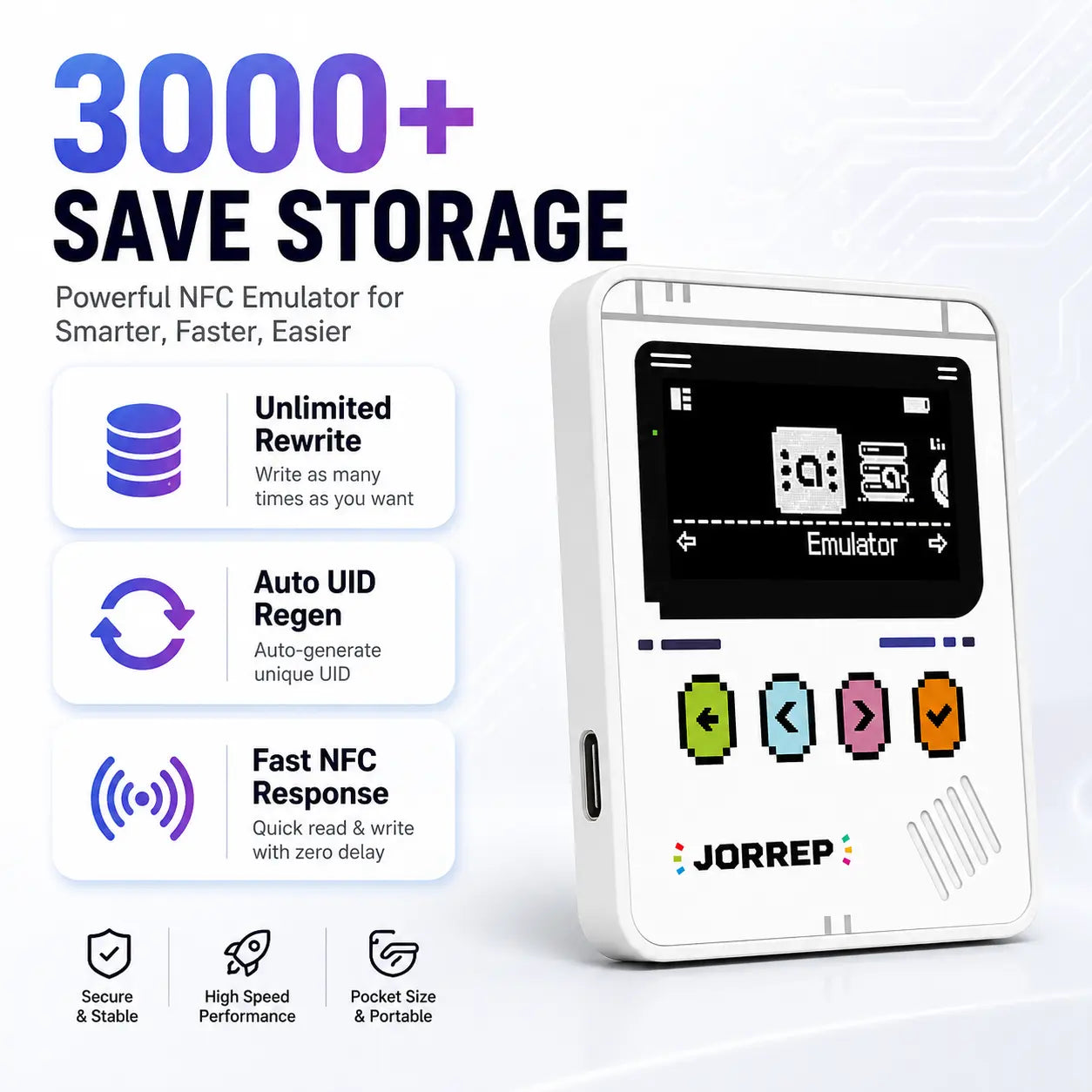JORREP Pro NFC Emulator, NFC Tag Emulator, 3000+ Saves, Unlimited Rewrite, Auto UID Regen, Rechargeable Battery , 1.4" OLED Screen, Compatible with 50+ Games on Switch 1 & 2 (White)