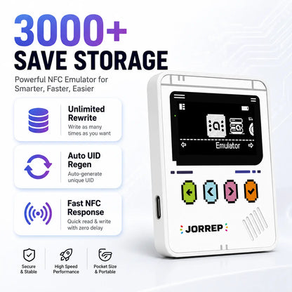 JORREP Pro NFC Emulator, NFC Tag Emulator, 3000+ Saves, Unlimited Rewrite, Auto UID Regen, Rechargeable Battery , 1.4" OLED Screen, Compatible with 50+ Games on Switch 1 & 2 (White)