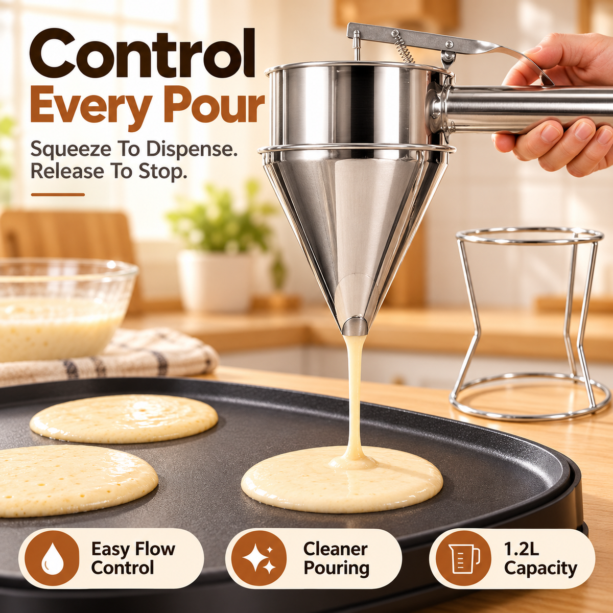 🥞 1.2L Easy-Squeeze Batter & Sauce Dispenser with Stand