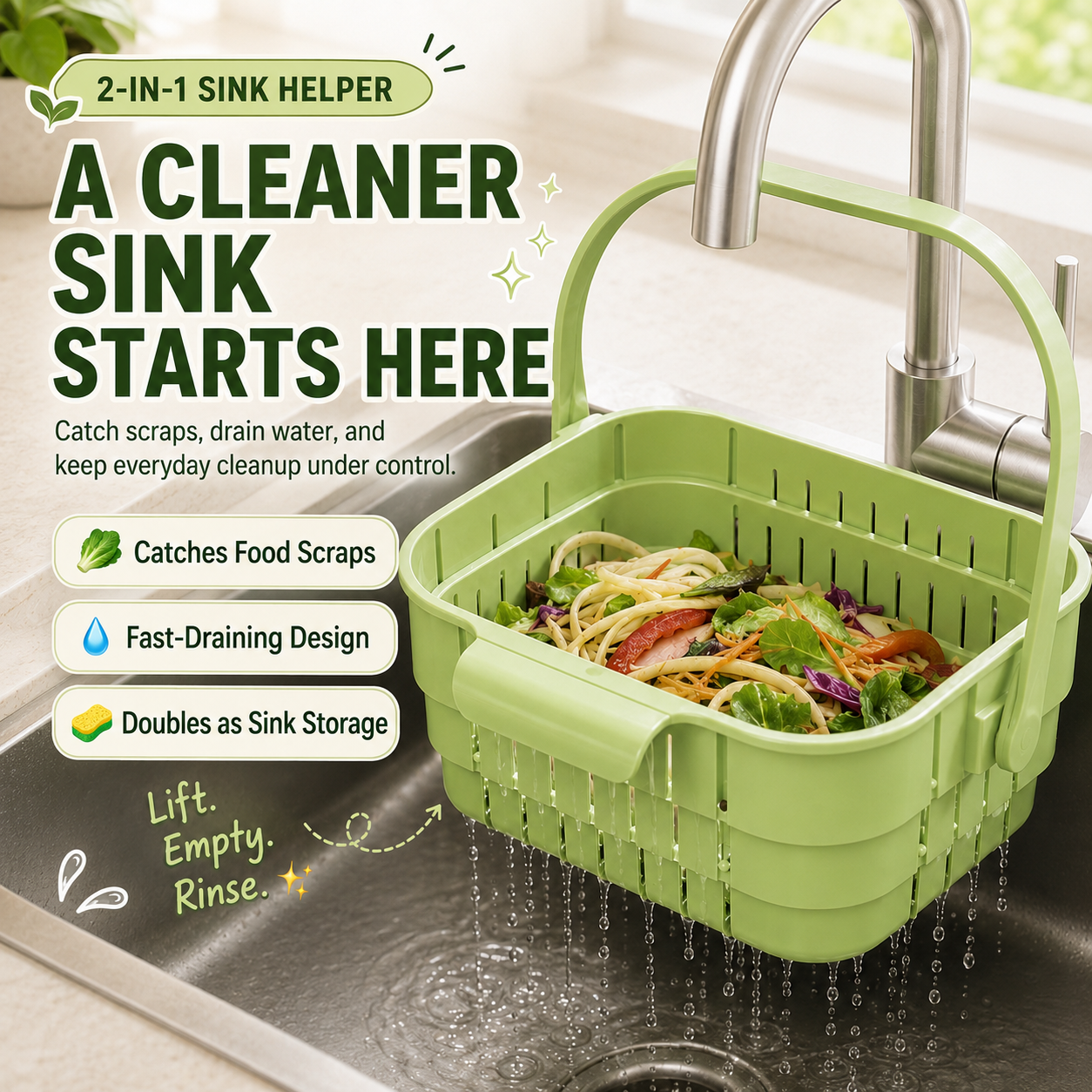 🧼 3-in-1 Collapsible Hanging Sink Strainer Basket – Rinse, Drain & Organize