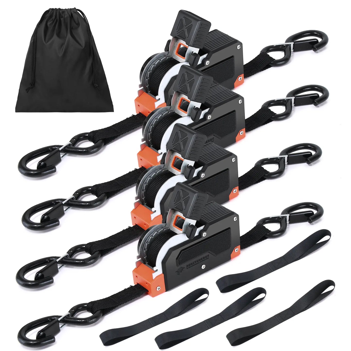 Dual-End Retractable Tie-Down Ratcheting Straps, 1 in x 16.4 ft, 1650 lb Break Strength, Adjustable Ratchet Position, Large Locking S Hooks for Motorcycle, ATV, Truck