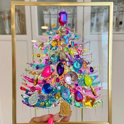 Handmade Gem Christmas Tree Framed Acrylic Art | 8x10 Gold Frame Rhinestone Holiday Decor 🎄✨