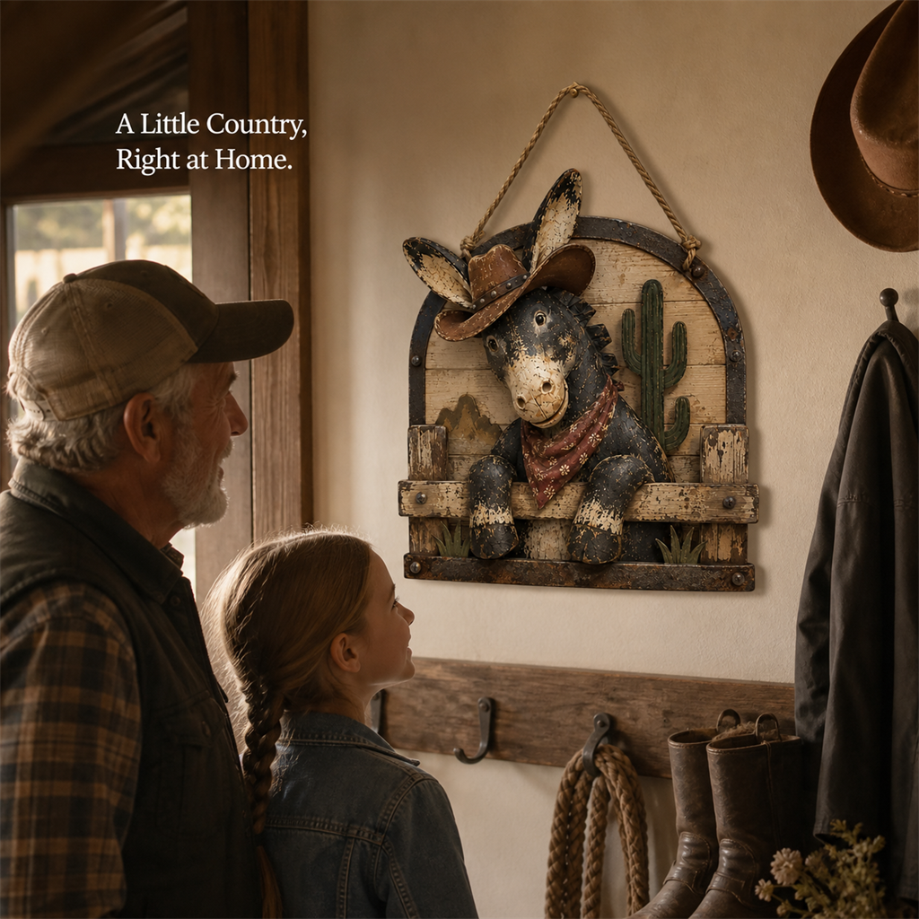 🫏 Rustic Cowboy Donkey Wall Hanging – Western Farmhouse Décor & Country Keepsake