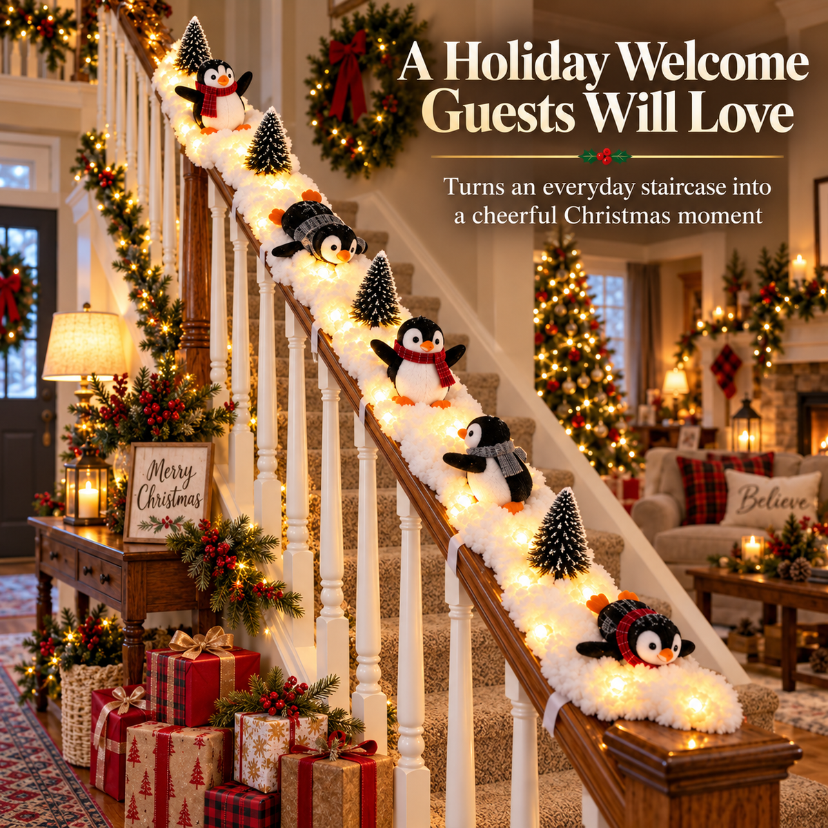 🐧 Light-Up Penguin Christmas Stair Garland – Turn Your Banister Into a Winter Wonderland ✨
