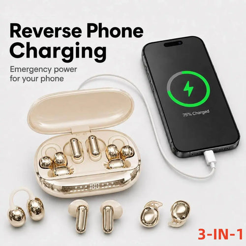 GT699S Bluetooth Wireless Earbuds with Chargeable Power Bank Case, 6 Earbuds, Clip-On Design, Noise Cancellation, Water Resistant, Reverse Phone Charging, Audio for Sports & Sleep, Android & iOS Compatible