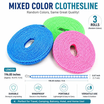 3-Roll Portable Non-Slip Clothesline – Windproof Travel Laundry Line for Camping, Hotel & Home
