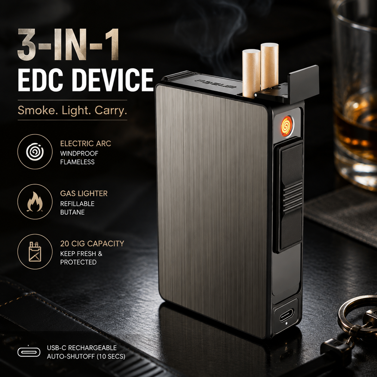 3-in-1 Multifunctional Cigarette Case | Windproof Electric & Gas Lighter EDC