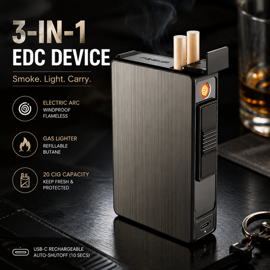 3-in-1 Multifunctional Cigarette Case | Windproof Electric & Gas Lighter EDC