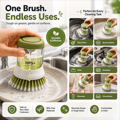 🧼 Press-to-Dispense Dish Brush with Storage Base – Cleaner Sink, Easier Dishwashing