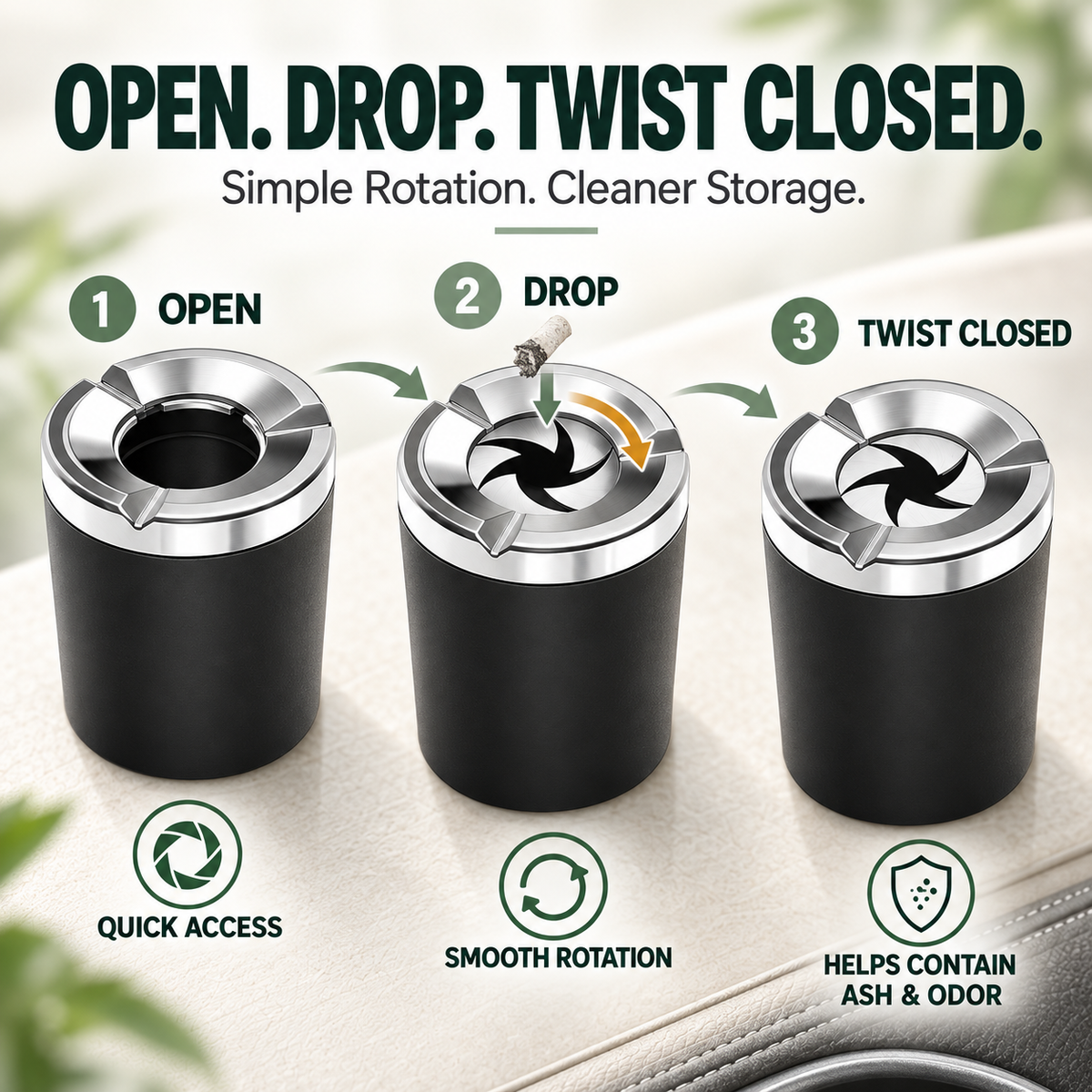 🚬Rotating-Lid Car Ashtray with Ceramic Liner – Cup Holder Design🧱