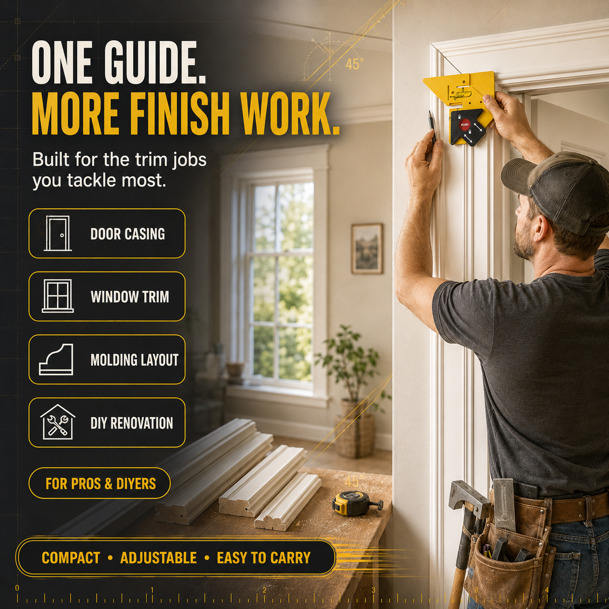 📐 Adjustable 45° Trim Marking & Measuring Tool – Fast Door & Window Casing Layout
