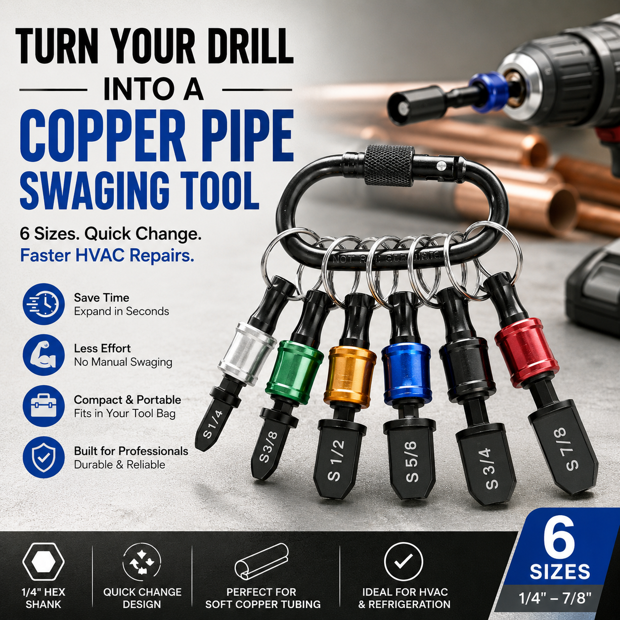 ⚡ 6-Size Copper Pipe Swaging Drill Bit Set – Quick-Change HVAC Tube Expander Tool