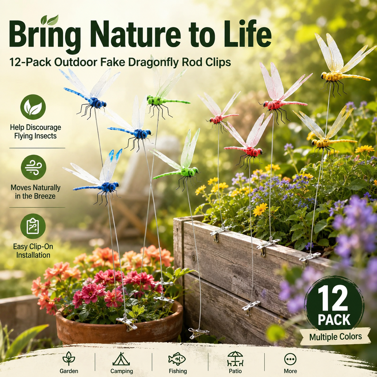 🪰 12-Pack Outdoor Dragonfly Clips – Natural Garden & Camping Decoration
