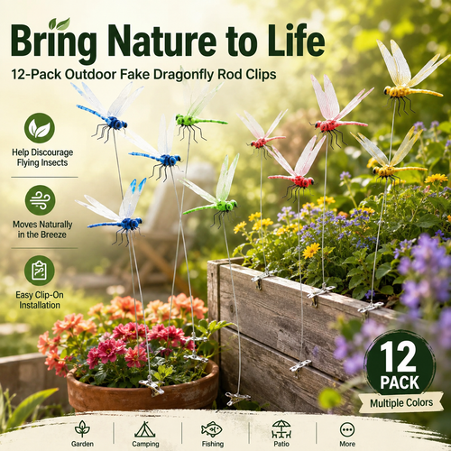 🪰 12-Pack Outdoor Dragonfly Clips – Natural Garden & Camping Decoration
