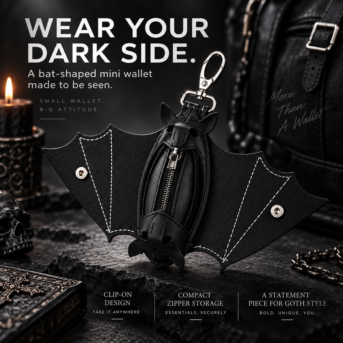 🦇 Bat-Shaped Gothic Mini Wallet – Clip-On Punk Accessory for Bags, Belts & Festival Outfits