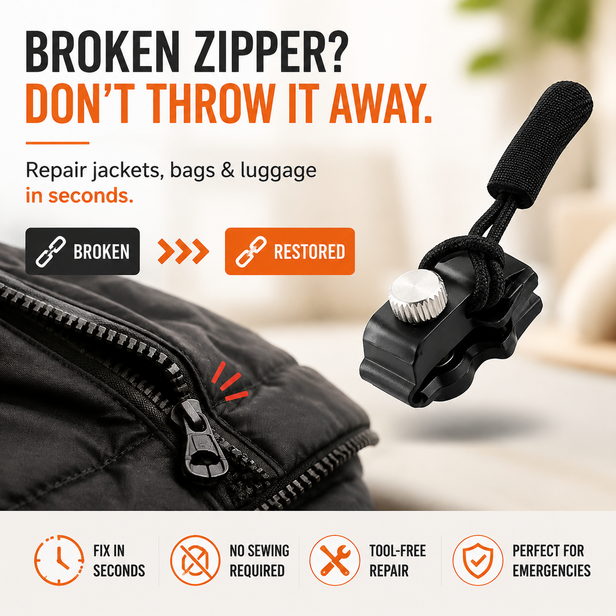 🧥 Universal Zipper Repair Kit – Fix Broken Zippers In Seconds, No Sewing Required