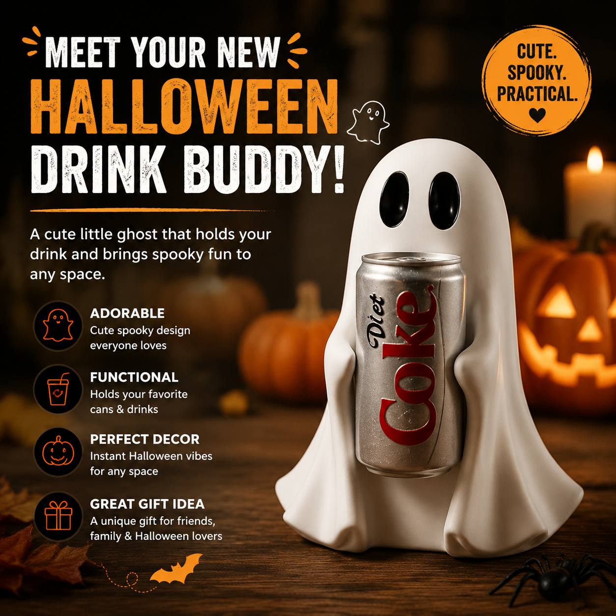 👻 Halloween Ghost Drink Holder – Cute Resin Ghost Decor for Drinks, Desk & Party Decorations