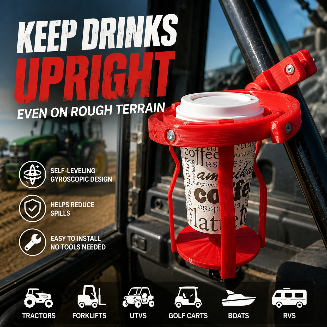 🚜 No-Spill Gyroscopic Cup Holder | Keep Drinks Upright Anywhere
