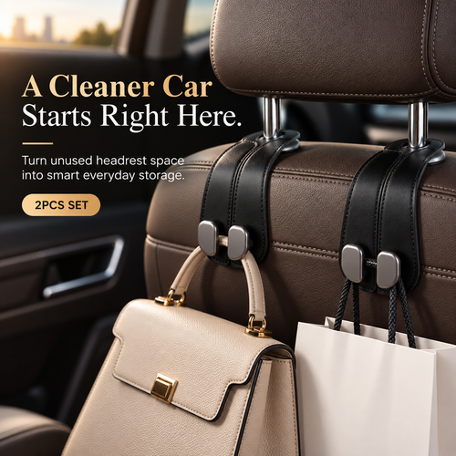 2PCS Premium Car Headrest Hooks – Leather Bag & Purse Organizer
