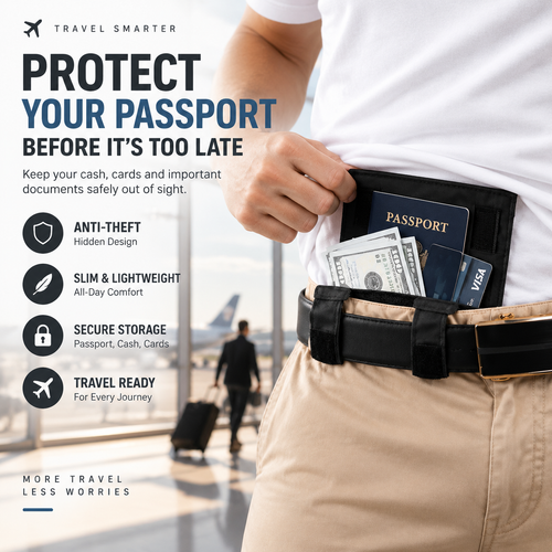 ✈️ Hidden Anti-Theft Passport Pouch – Slim Travel Security Belt Wallet for Cash, Cards & Documents