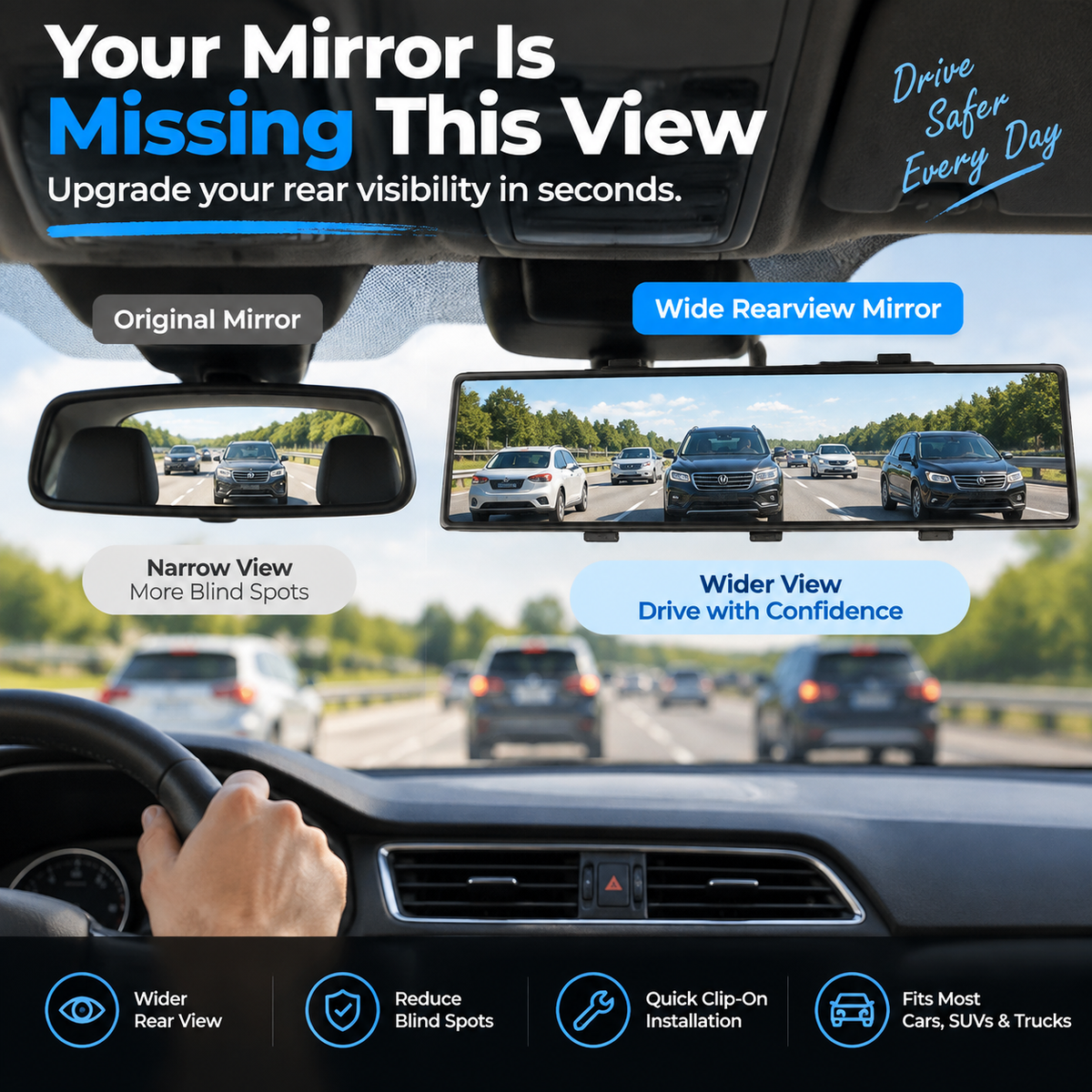 🚗 Wide Angle Rearview Mirror – See More, Drive With Confidence