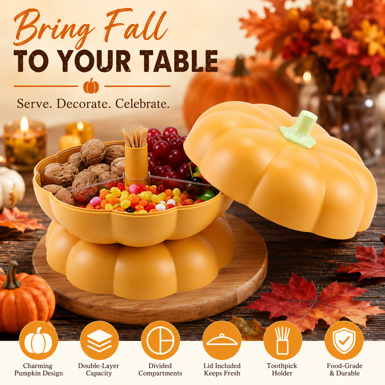 🎃 2-Tier Pumpkin Snack Tray with Lid – Fall Serving Platter for Candy, Fruit, Nuts & Holiday Parties