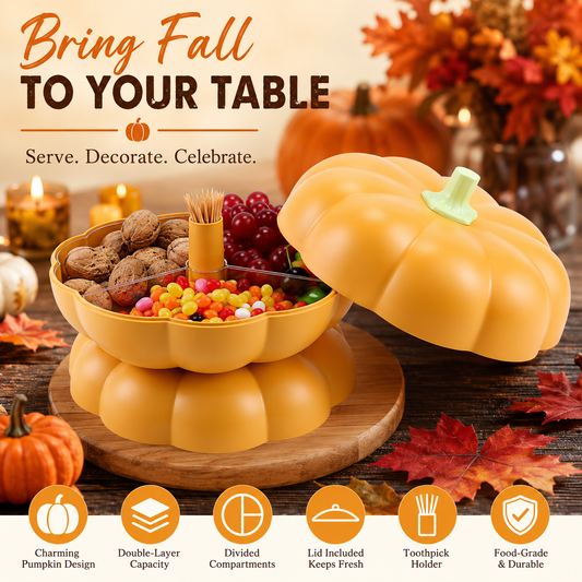 🎃 2-Tier Pumpkin Snack Tray with Lid – Fall Serving Platter for Candy, Fruit, Nuts & Holiday Parties