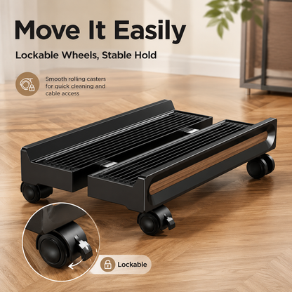 Mobile Computer Tower Stand – Adjustable CPU Holder with Wheels & Ventilated Base for Heat Dissipation