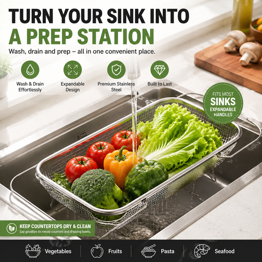 🥗 Expandable Over-The-Sink Colander Basket | Stainless Steel Kitchen Prep Station for Easy Washing, Draining & Space Saving