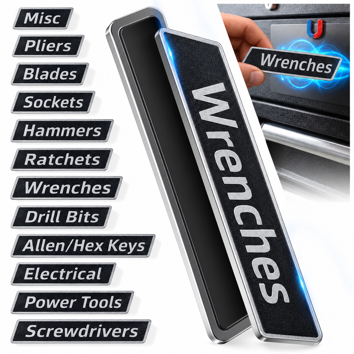 Twelve black magnetic metal toolbox labels with wrenches sockets hammers and other tool categories