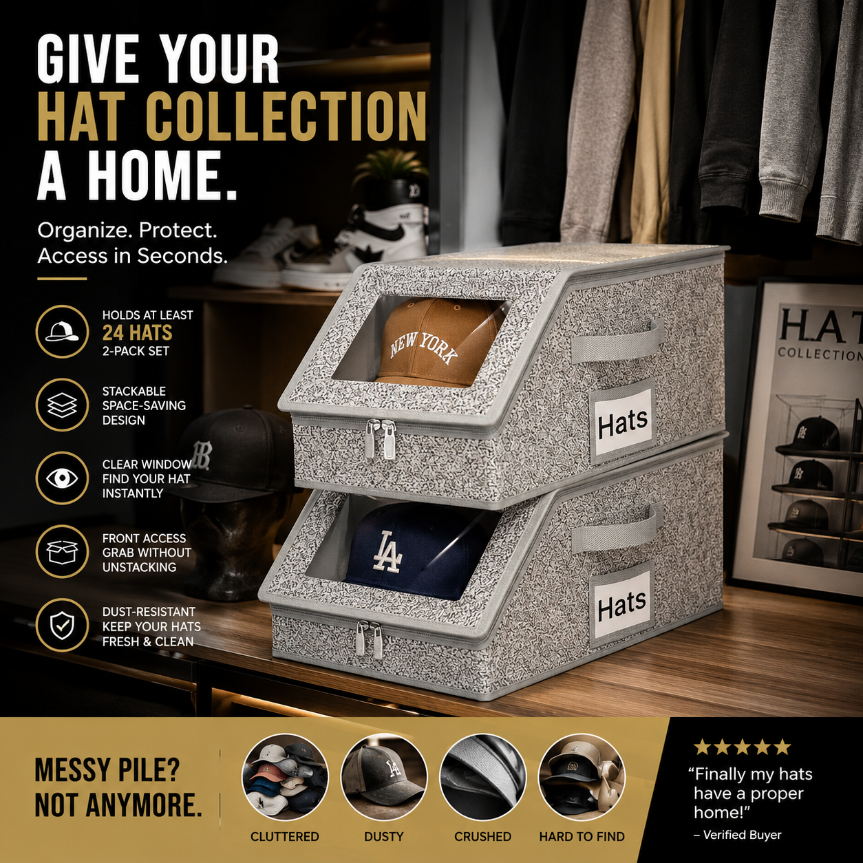 🧢 24+ Cap Stackable Hat Storage Boxes – 2-Pack
