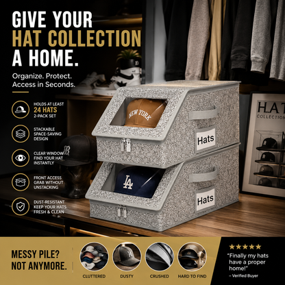 🧢 24+ Cap Stackable Hat Storage Boxes – 2-Pack