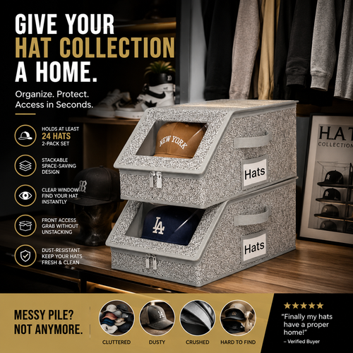 🧢 24+ Cap Stackable Hat Storage Boxes – 2-Pack