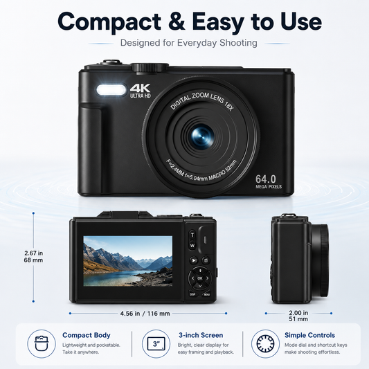 📸 4K 64MP Vlogging Camera with 180° Flip Screen & WiFi