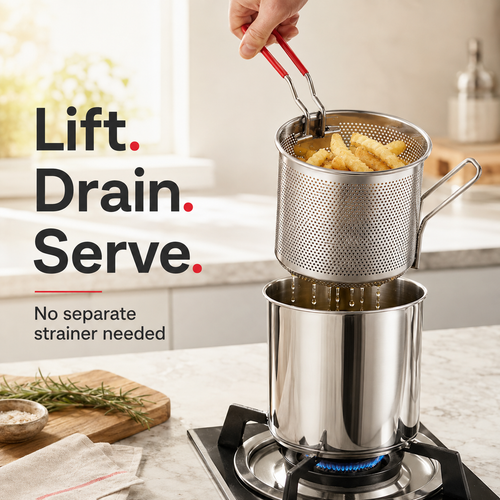 🍟 Personal Mini Deep Fryer Set – Stainless Steel Pot with Lift-Out Draining Basket & Food Tongs