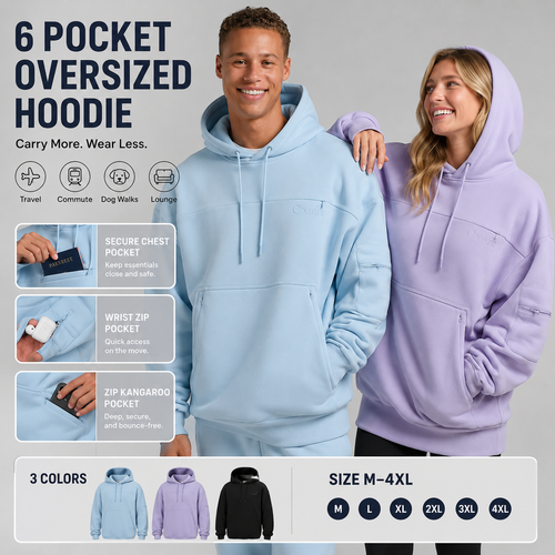 Heavyweight Fleece Hoodie With 6 Pockets - Oversized Zip Up Sweatshirt With Wrist Pocket & Kangaroo Pouch for Men Women
