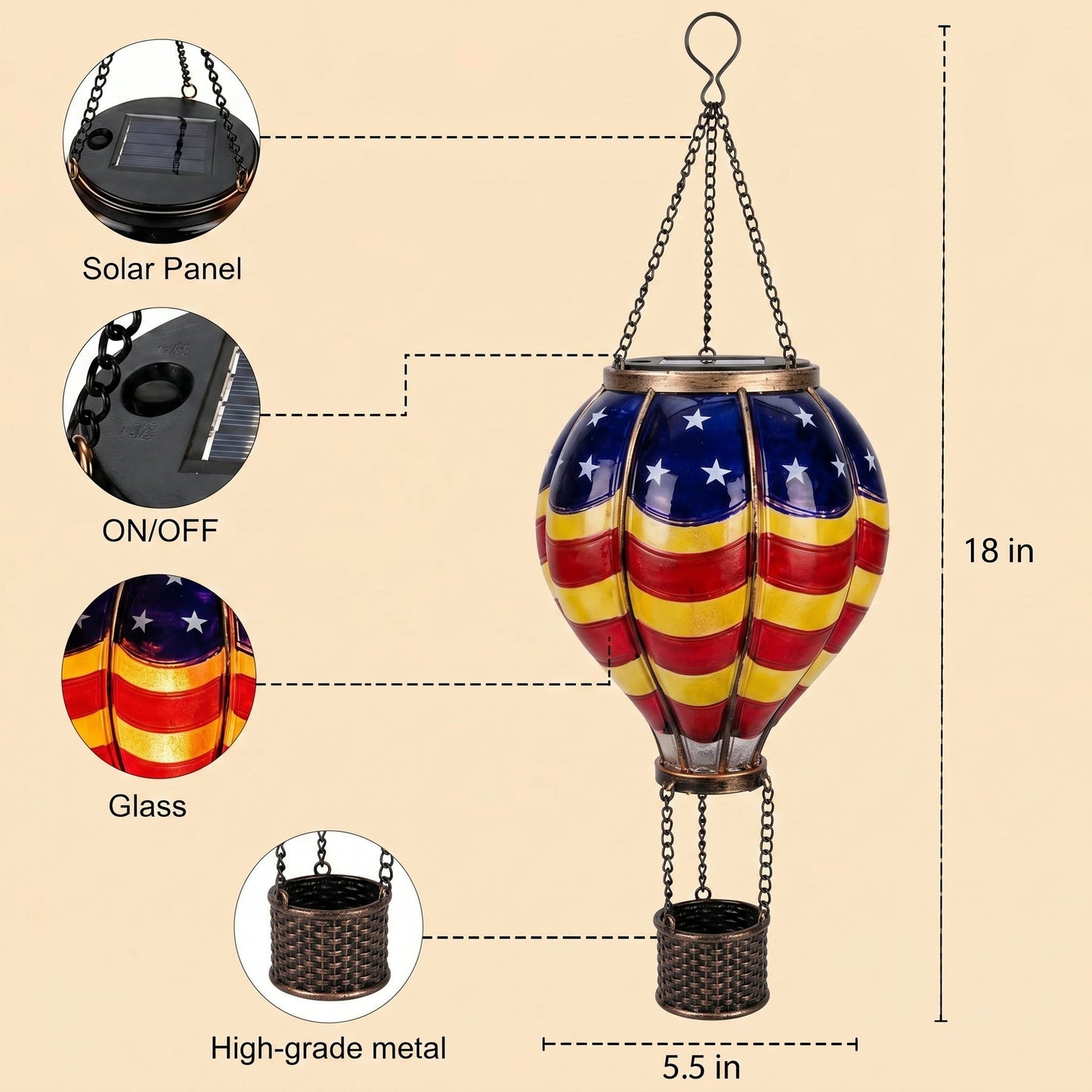 🎈 American Flag Hot Air Balloon Solar Lantern