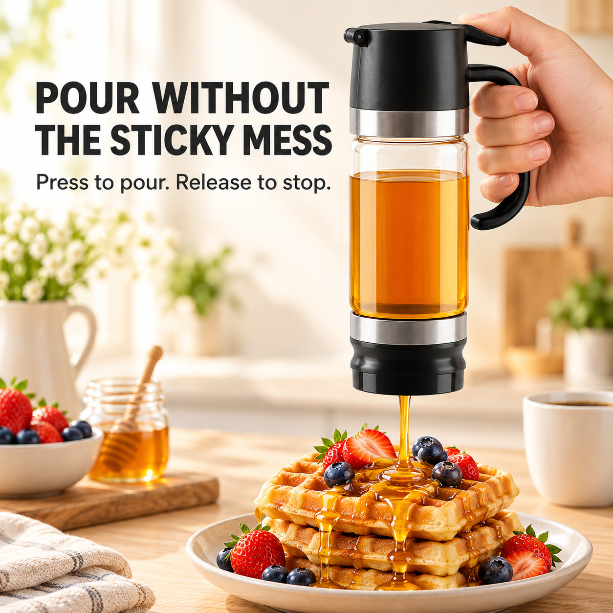 🍯 12oz No-Drip Honey & Syrup Dispenser – Press-to-Pour Glass Jar with Handle