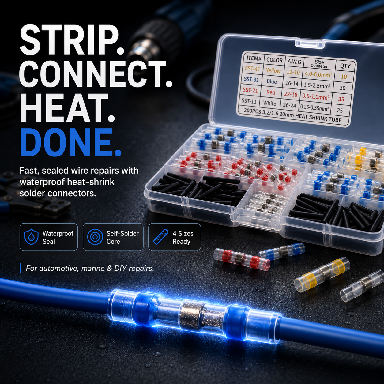 🔥 Waterproof Solder Seal Wire Connector Kit – Heat Shrink Self-Soldering Wire Repair Connectors