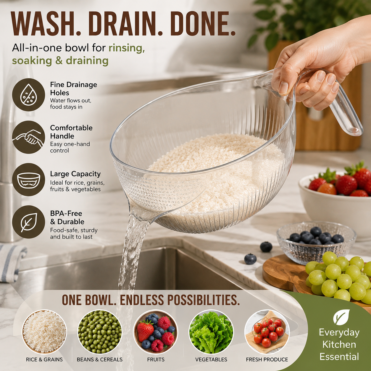 🥬 Multipurpose Wash & Drain Strainer Bowl