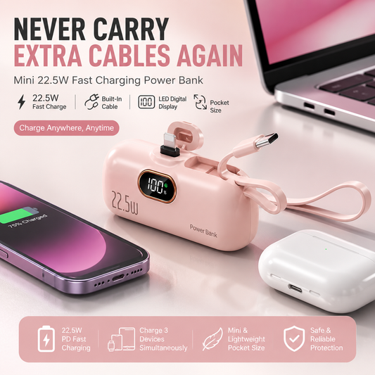 🔋 Pocket Power Bank With Built-In Cable – 22.5W Fast Charging
