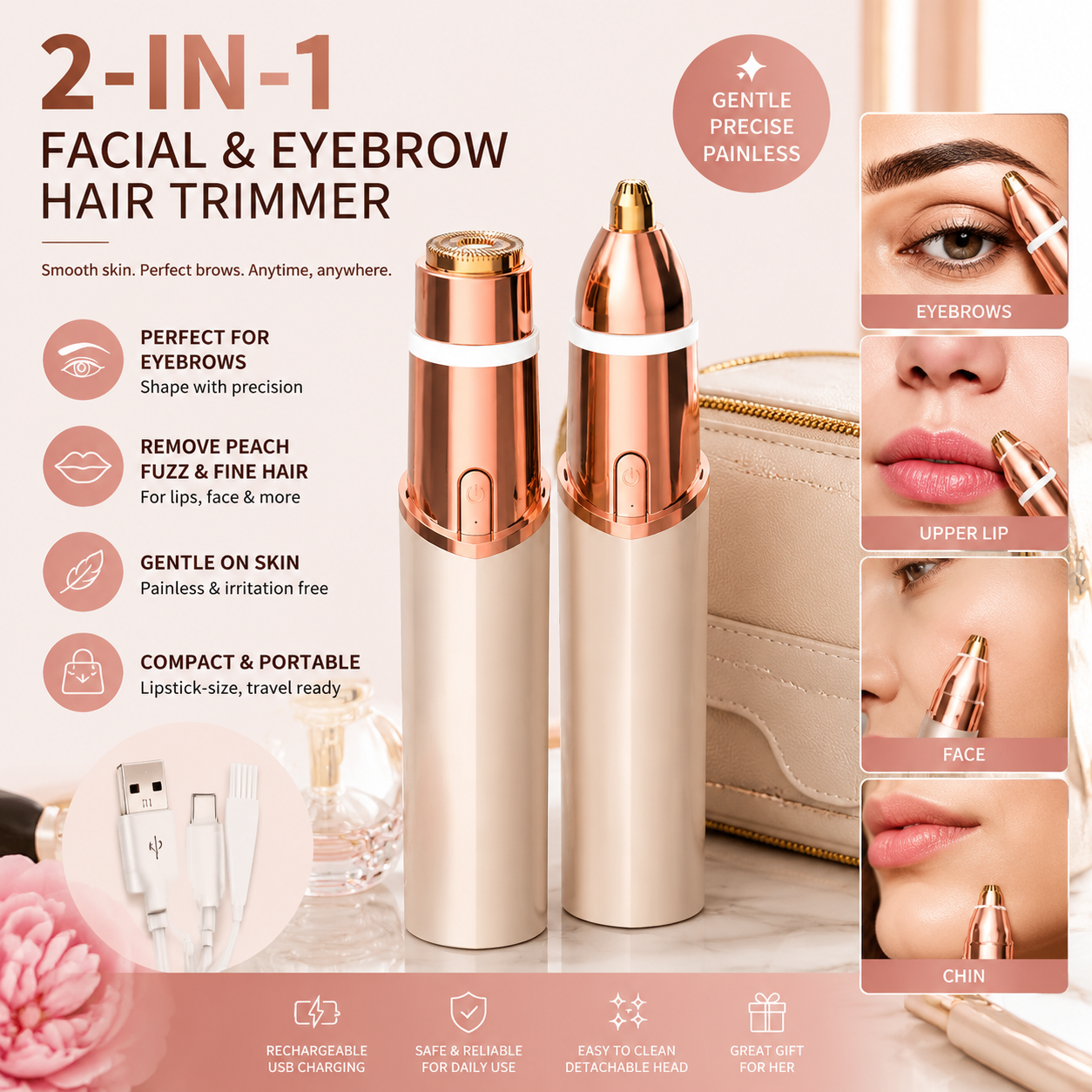 ✨ Painless 2-in-1 Facial & Eyebrow Trimmer – Smooth Skin & Perfect Brows Anytime