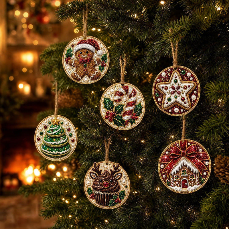🎄 6-Piece DIY Diamond Painting Wooden Christmas Ornament Kit – Handmade Holiday Tree Decorations