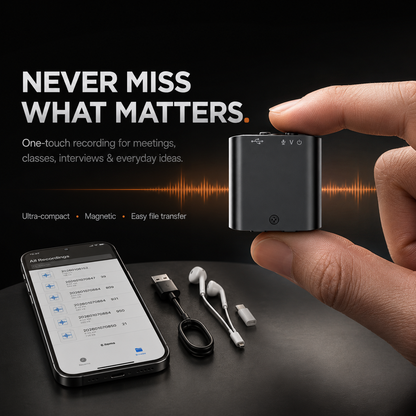 Mini Magnetic Voice Recorder – One-Touch Recording, AI Noise Reduction & OTG Transfer