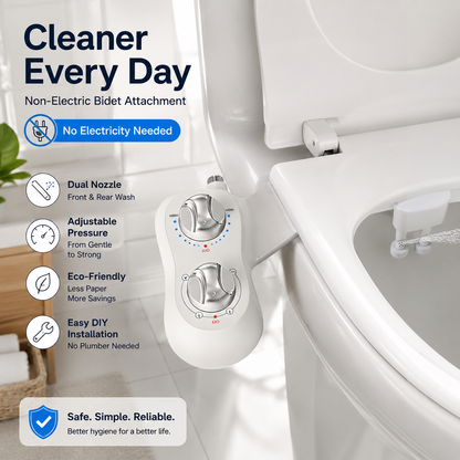 Non-Electric Bidet Attachment for Toilet – Dual Nozzle Front & Rear Wash, Adjustable Water Pressure, Eco-Friendly Toilet Seat Adapter for Personal Hygiene, Reduce Toilet Paper Use