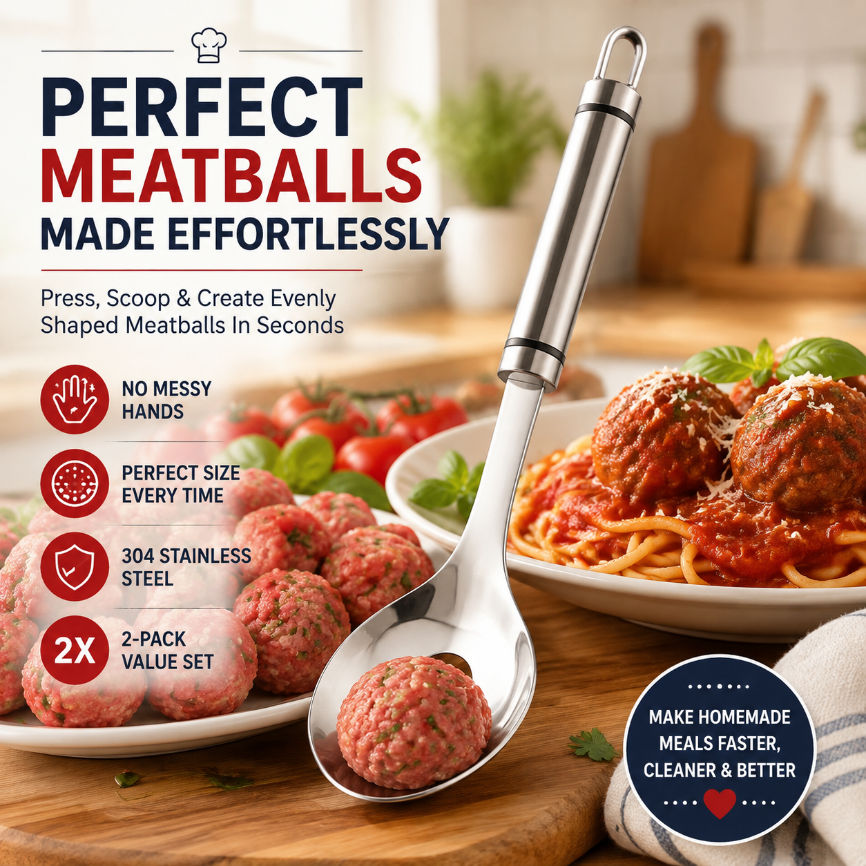 🍝 2-Pack Stainless Steel Meatball Maker Spoon – Make Perfect Meatballs Without Messy Hands
