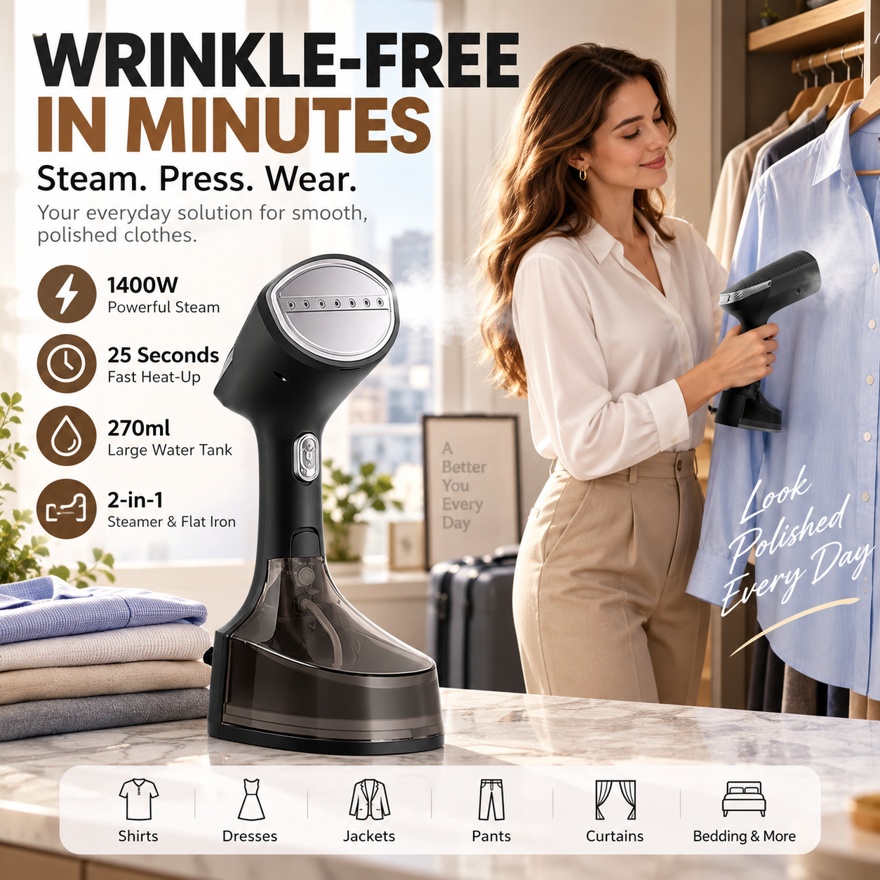 2-in-1 Handheld Garment Steamer & Iron – 1400W Fast Heat-Up, 270ml Large Tank for Home & Travel