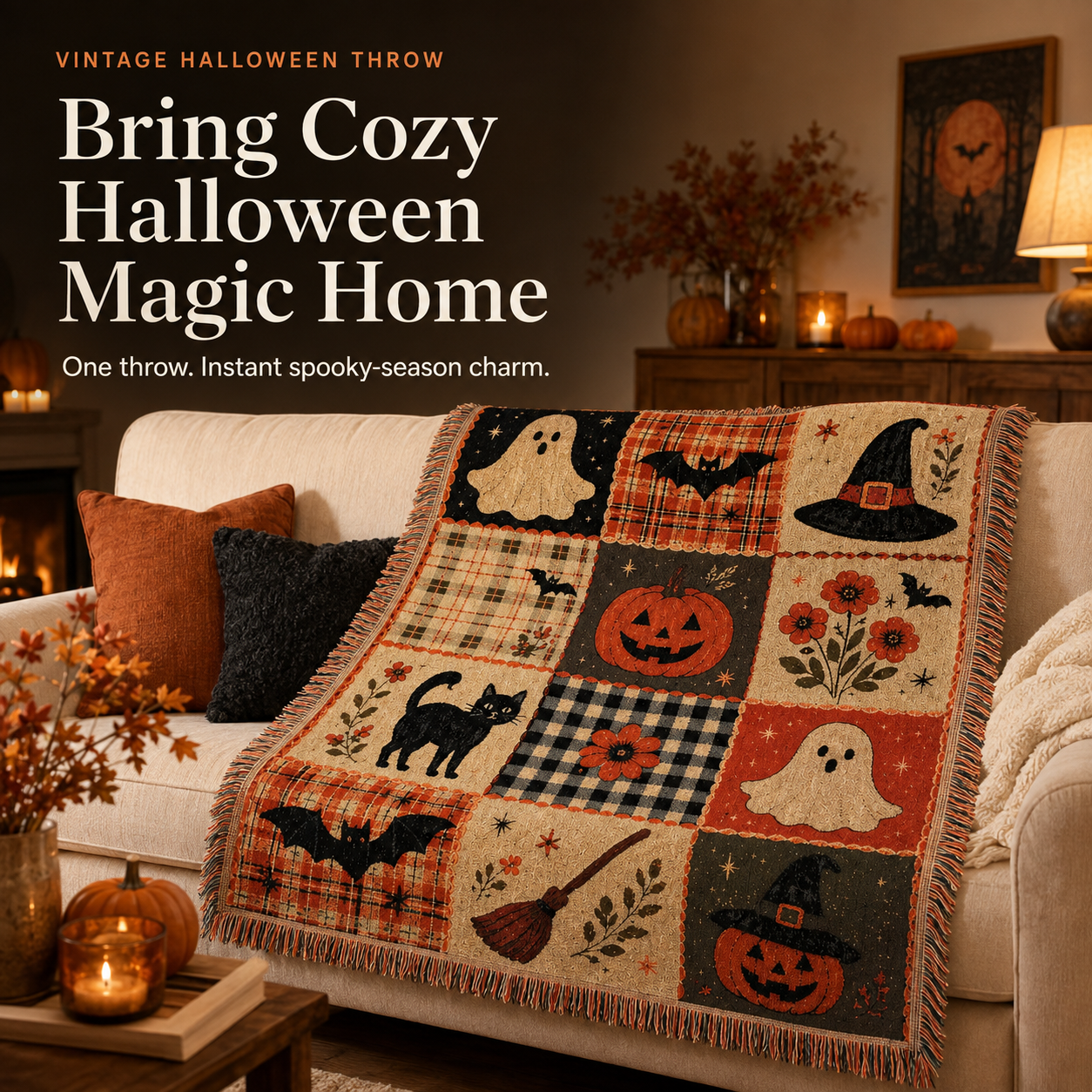 🎃 Vintage Halloween Patchwork Throw Blanket – Cozy Fall Home Decor