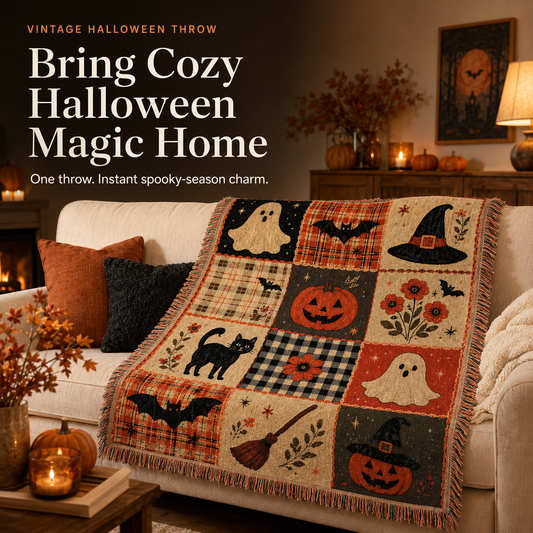 🎃 Vintage Halloween Patchwork Throw Blanket – Cozy Fall Home Decor